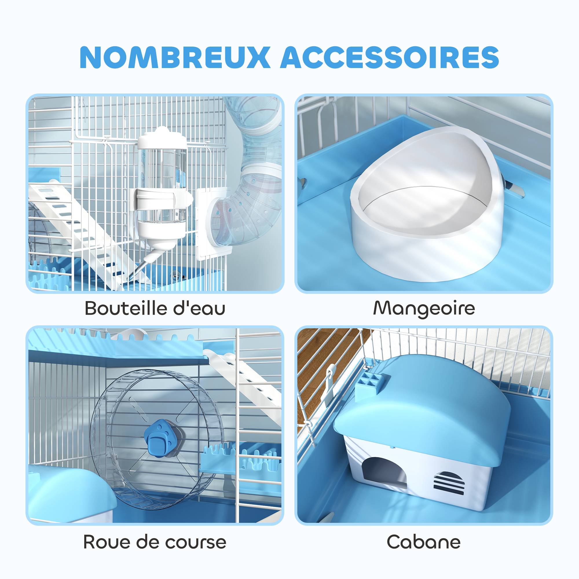 Cage hamster acier pour rongeurs nains portable 3 niveaux 47x31x29cm bleu - ComfortXL Outdoor Living - Image 9
