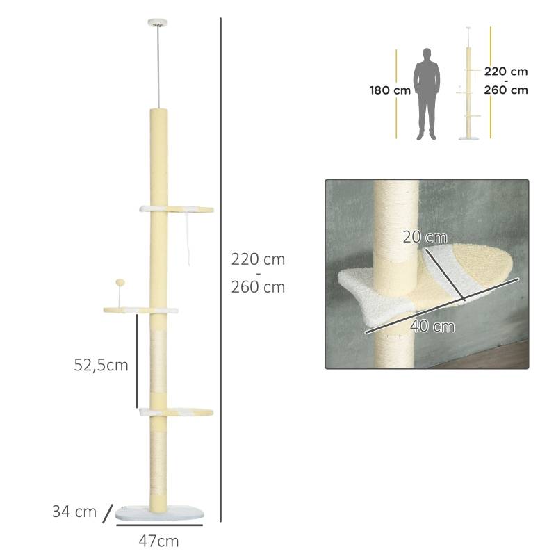 Arbre à chat réglable antidérapant, poteaux sisal 220-260H x47L x34Wcm jaune blanc bleu - Image 3