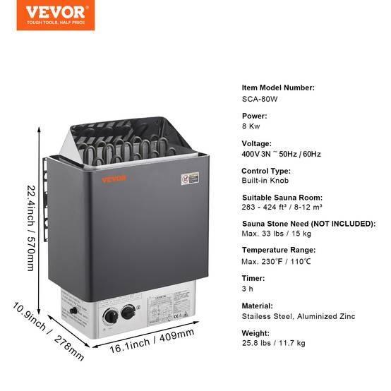VEVOR Poêle Sauna Électrique 8 kW Contrôleur Intégré Spa Domestique pour 8-12 m³ - Image 7