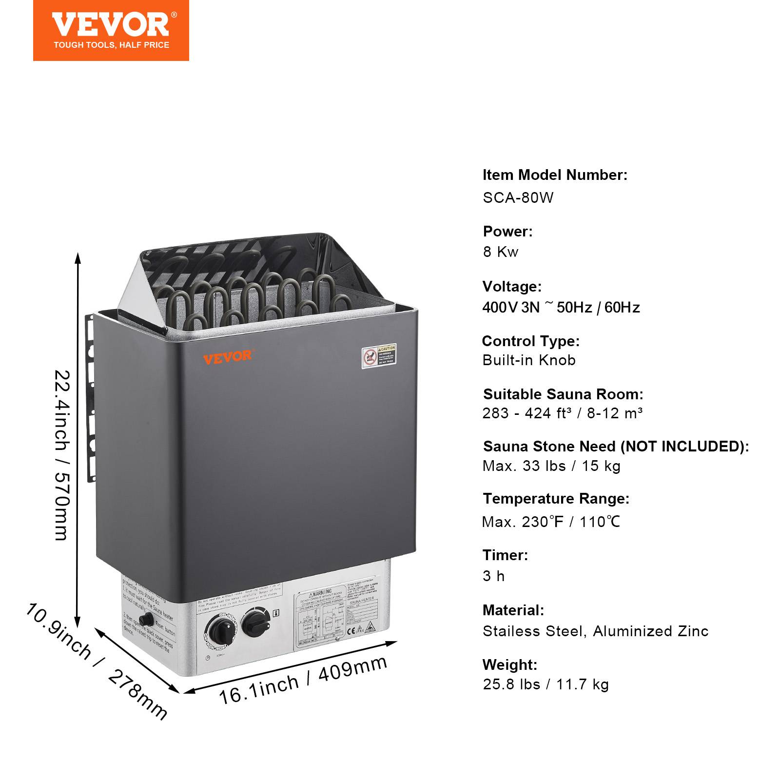 VEVOR Poêle Sauna Électrique 8 kW Contrôleur Intégré Spa Domestique pour 8-12 m³ - Image 7