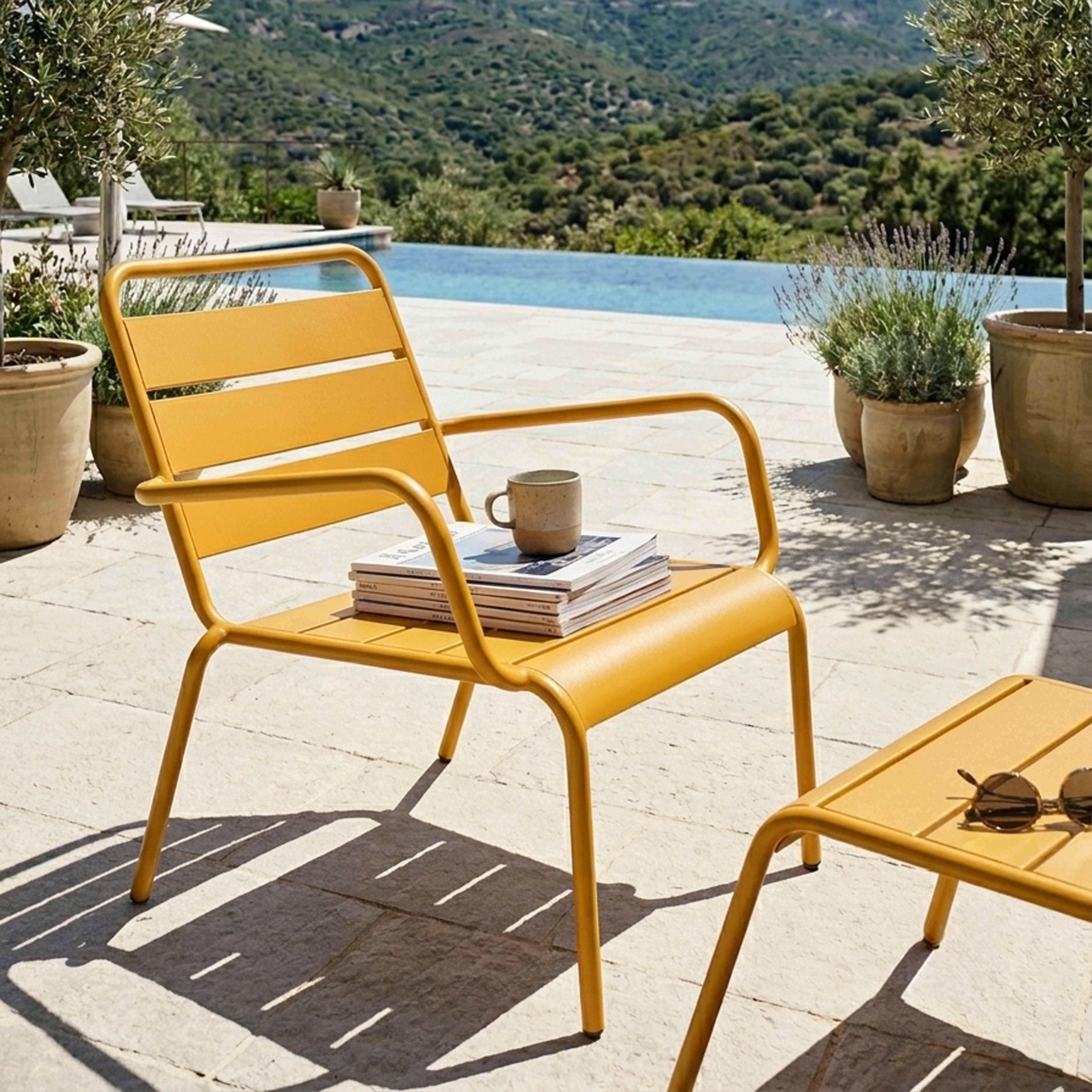 Oviala - Fauteuil relax et repose pied en métal jaune Palavas - Oviala - Imagen 4