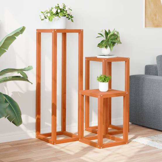 Lot de 3 Supports pour plantes en Pin massif Design gigogne pour Salon et Balcon Marron Cire 3 Tailles – ComfortXL Outdoor Living - Image 3