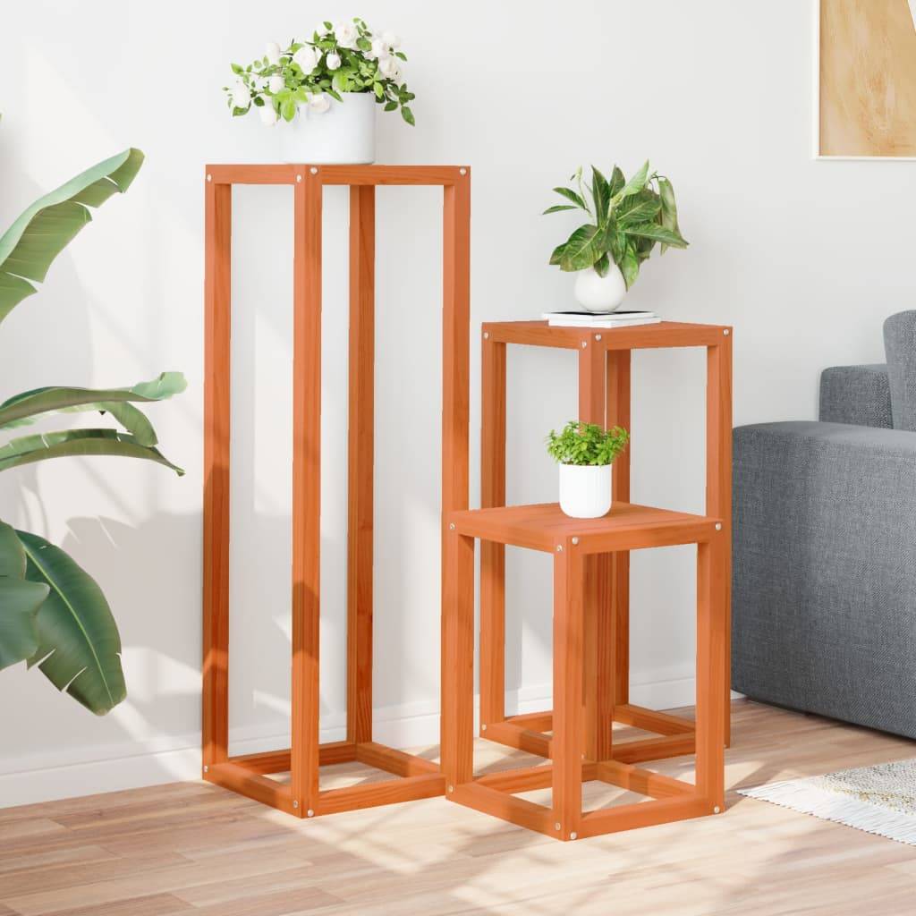 Lot de 3 Supports pour plantes en Pin massif Design gigogne pour Salon et Balcon Marron Cire 3 Tailles – ComfortXL Outdoor Living - Image 3
