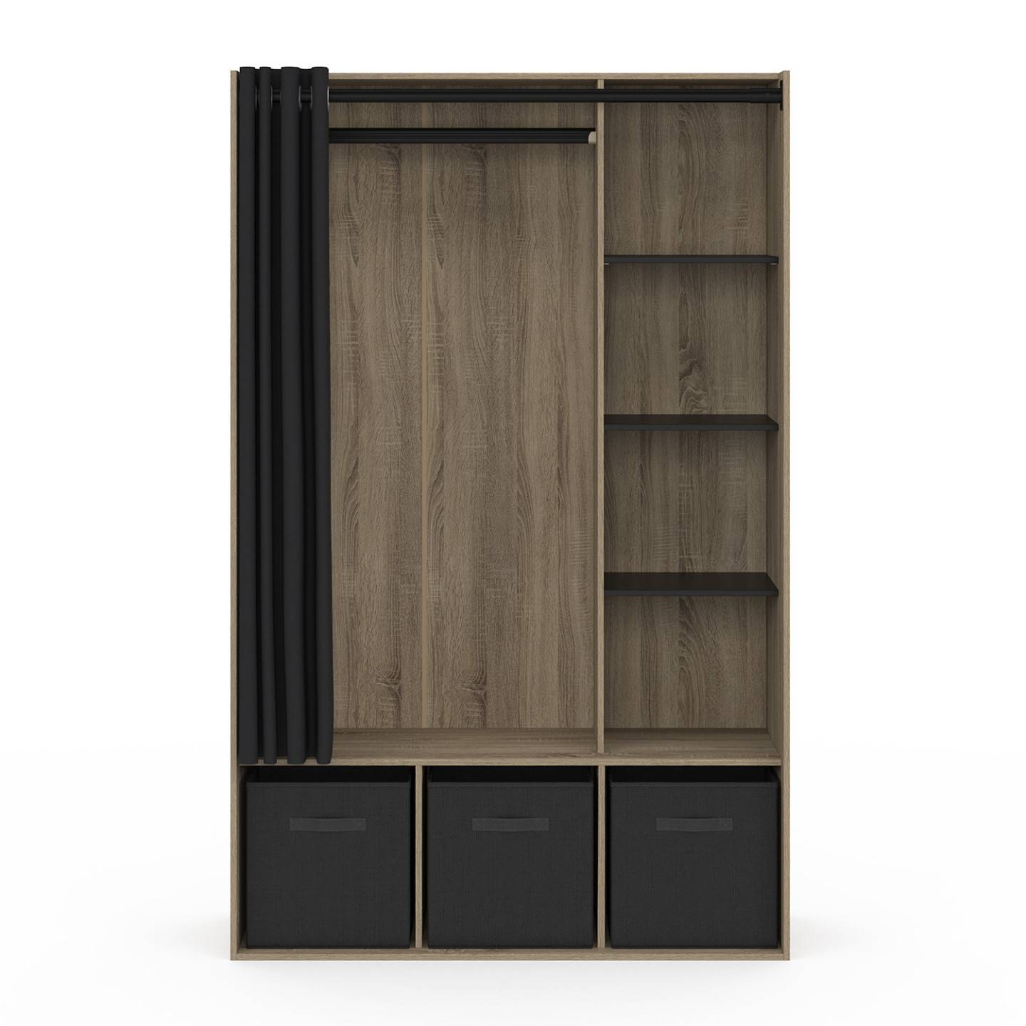Dressing penderie DIANE 105 x 45 x 167 cm hêtre avec étagères + boites de rangement + rideau noir - Image 3