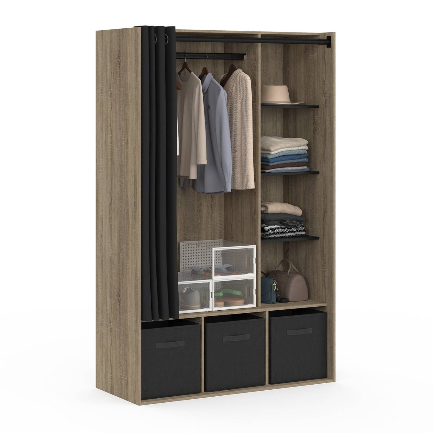 Dressing penderie DIANE 105 x 45 x 167 cm hêtre avec étagères + boites de rangement + rideau noir - Image 2