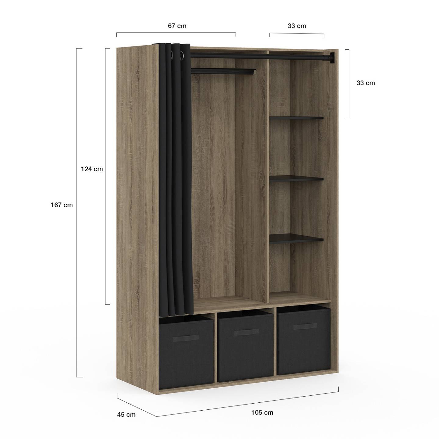 Dressing penderie DIANE 105 x 45 x 167 cm hêtre avec étagères + boites de rangement + rideau noir - Image 4
