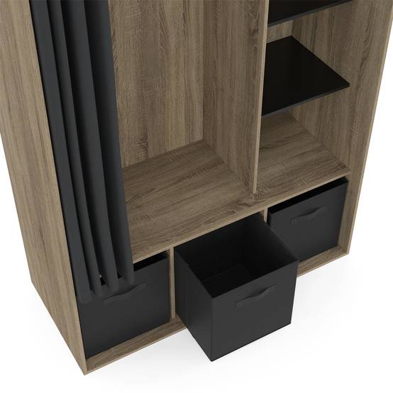 Dressing penderie DIANE 105 x 45 x 167 cm hêtre avec étagères + boites de rangement + rideau noir - Image 5