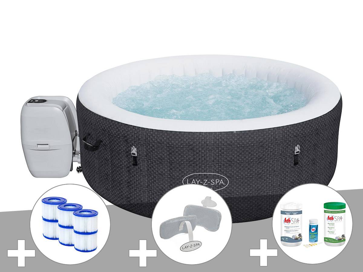 Bestway - Kit spa gonflable Bestway Lay-Z-Spa Havana rond Airjet 2/4 places + 6 filtres + Kit traitement brome + 2 appuie-têtes