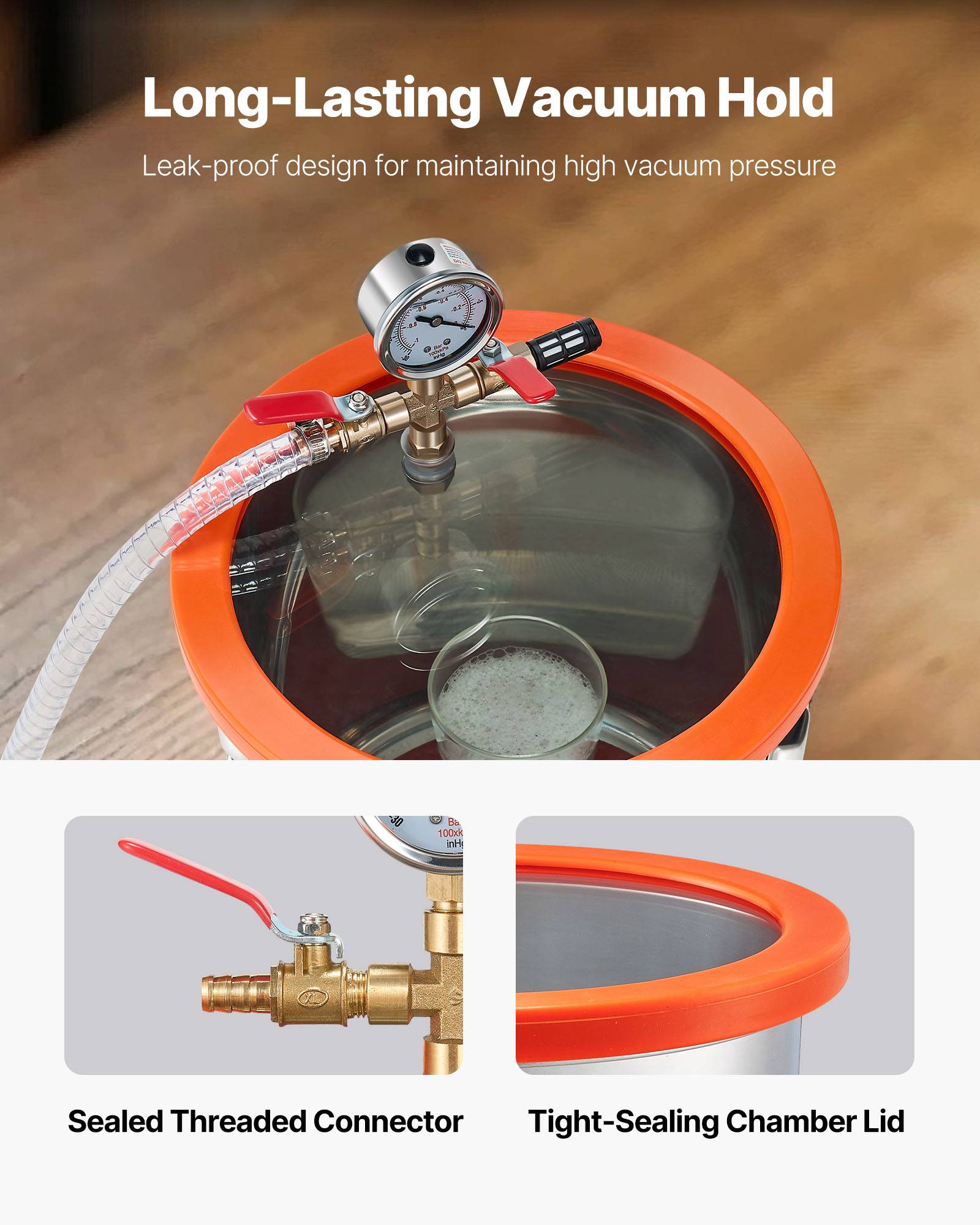 VEVOR Pompe à vide 110 L/min avec chambre à vide dégazage 11,36L, couvercle verre trempé. - Image 3