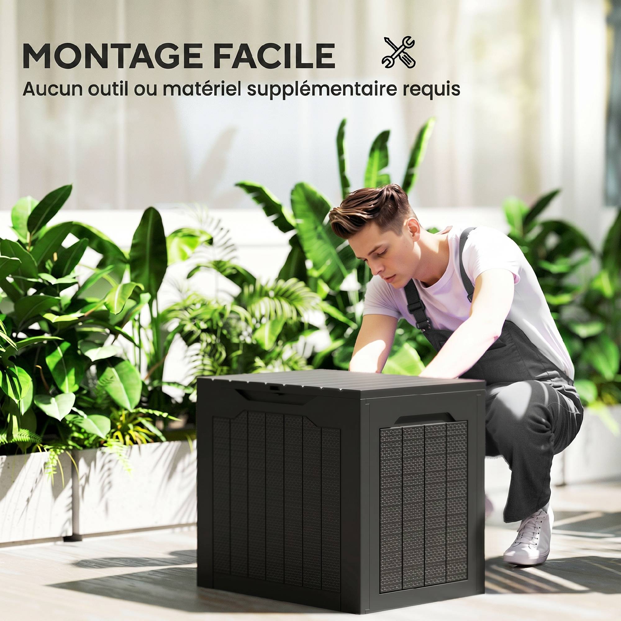 Coffre de rangement extérieur 97L avec poignées encastrées, malle de rangement extérieur étanche 56 x 41 x 50 cm, noir - Image 6