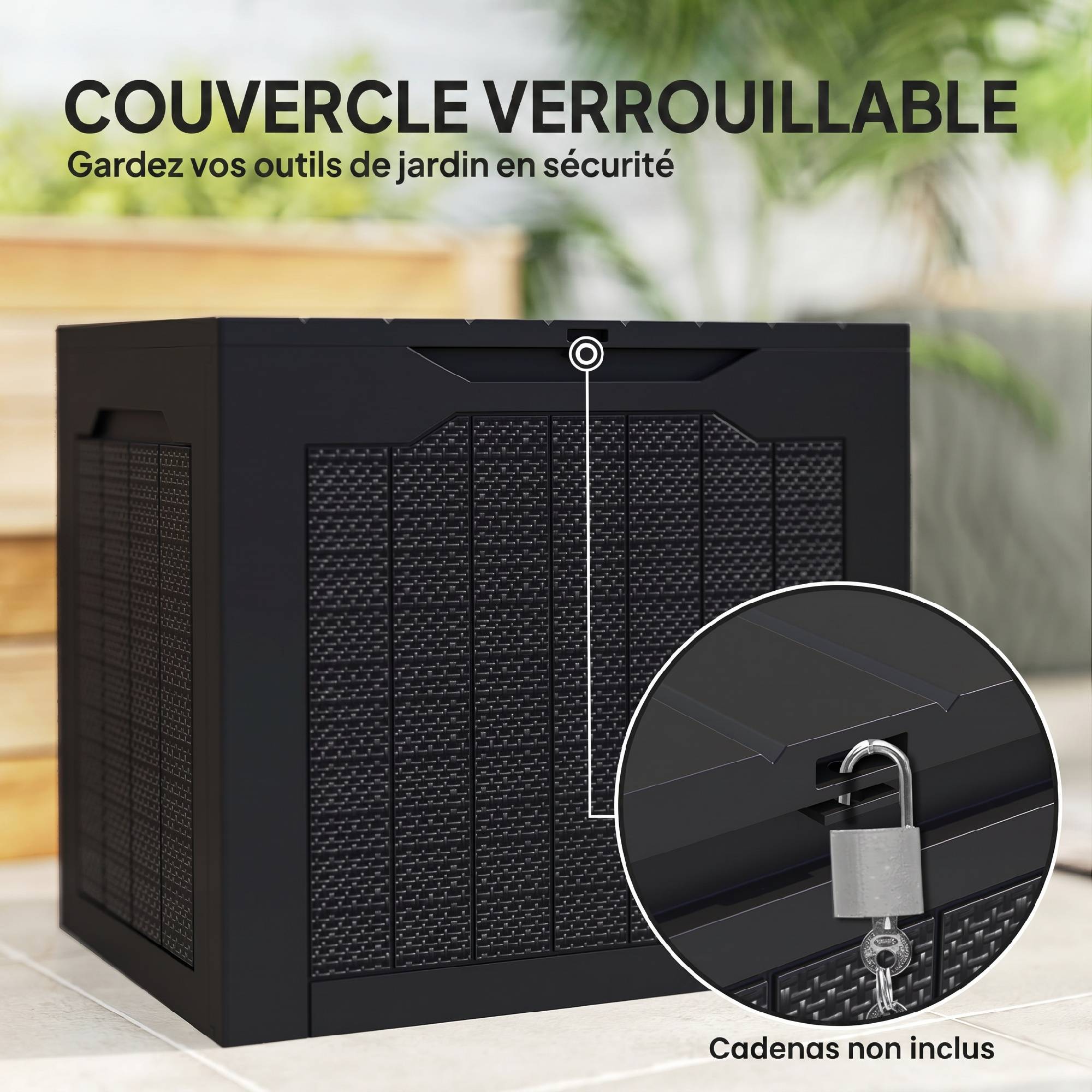 Coffre de rangement extérieur 97L avec poignées encastrées, malle de rangement extérieur étanche 56 x 41 x 50 cm, noir - Image 8