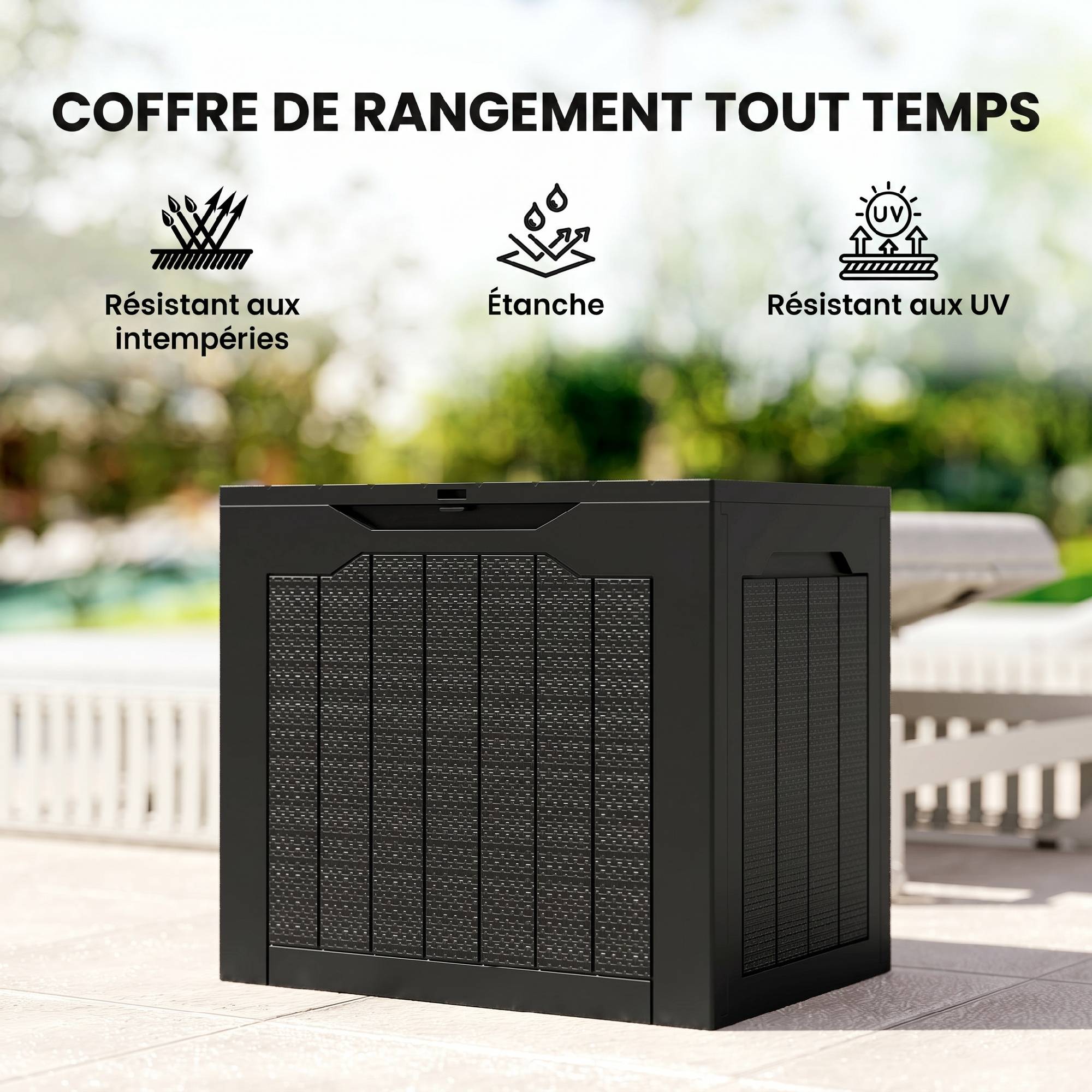 Coffre de rangement extérieur 97L avec poignées encastrées, malle de rangement extérieur étanche 56 x 41 x 50 cm, noir - Image 9