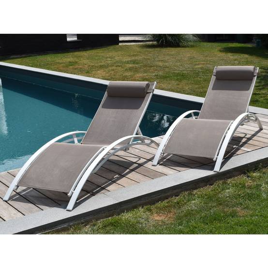 Happy Garden - Lot de 2 transats GALAPAGOS en textilène taupe - aluminium blanc - HAPPY GARDEN - Imagen 5