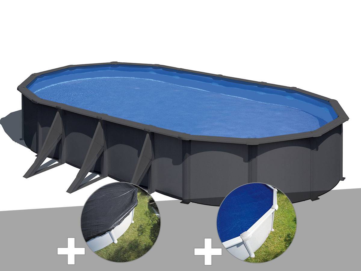 Gré - Kit piscine acier gris anthracite Gré Louko ovale 7,44 x 3,99 x 1,22 m + Bâche d'hivernage + Bâche à bulles