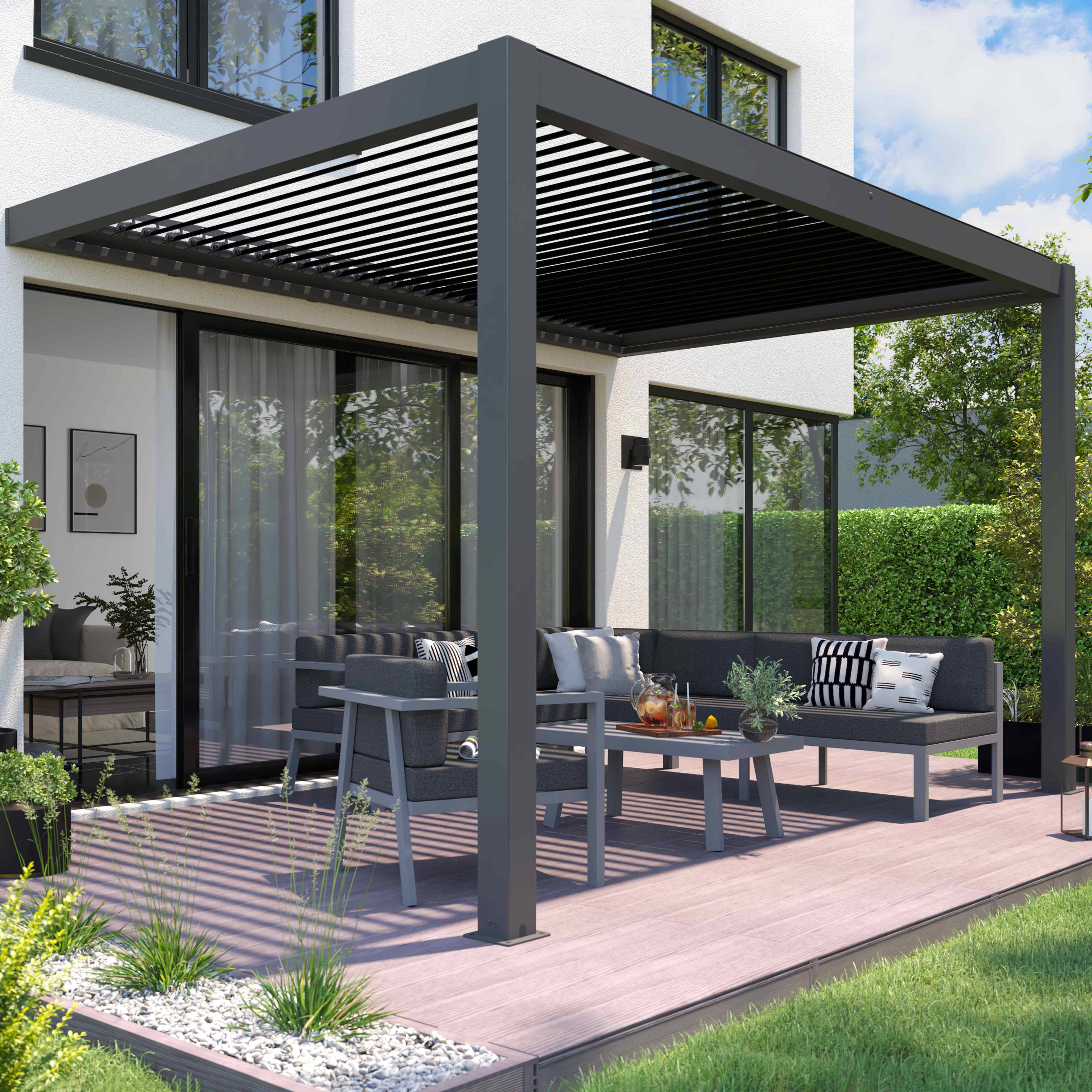 Oviala - Pergola bioclimatique adossée et motorisée éclairée 3x4 m et 1 store Thebes - Oviala - Imagen 6