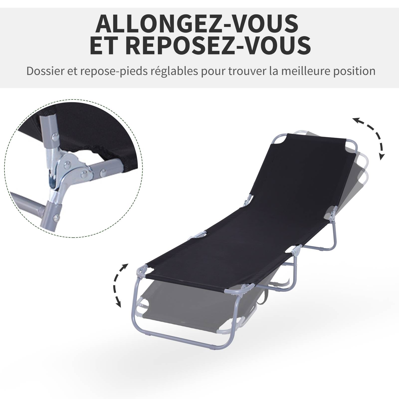 Outsunny - Bain de soleil transat pliable dossier réglable multipositions métal et polyester noir - Outsunny - Imagen 4
