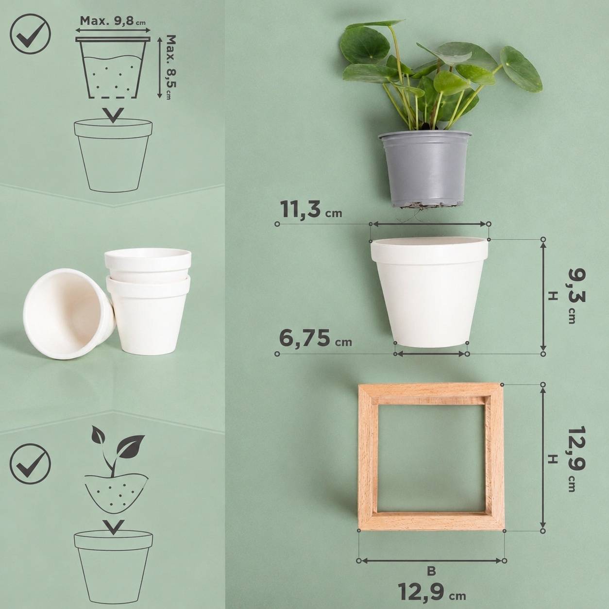 Jardinières Murales avec Pots en Céramique et Cadres en Bois - Image 4