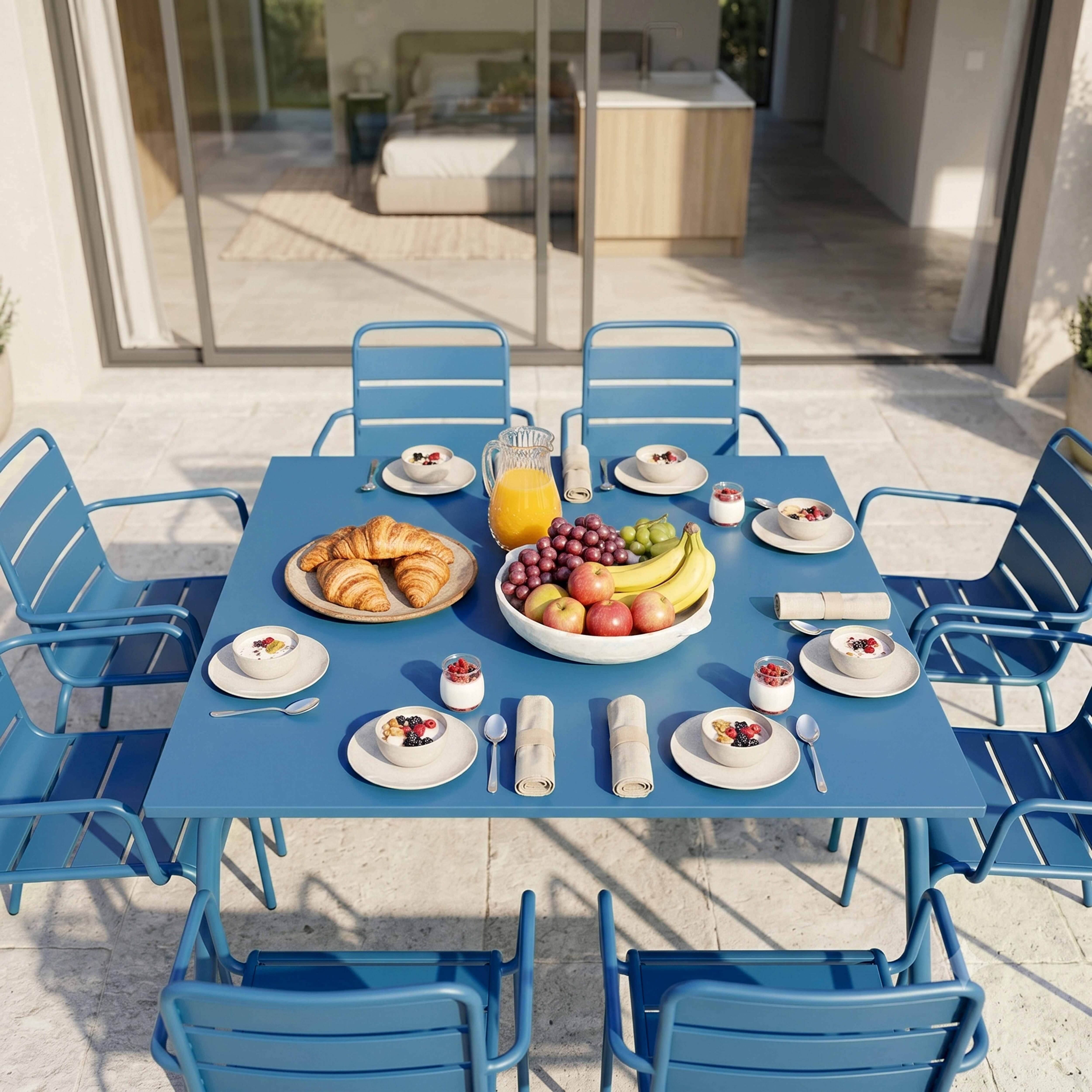 Oviala - Ensemble table de jardin carrée et 8 fauteuils en métal bleu pacific Palavas - Oviala - Imagen 3