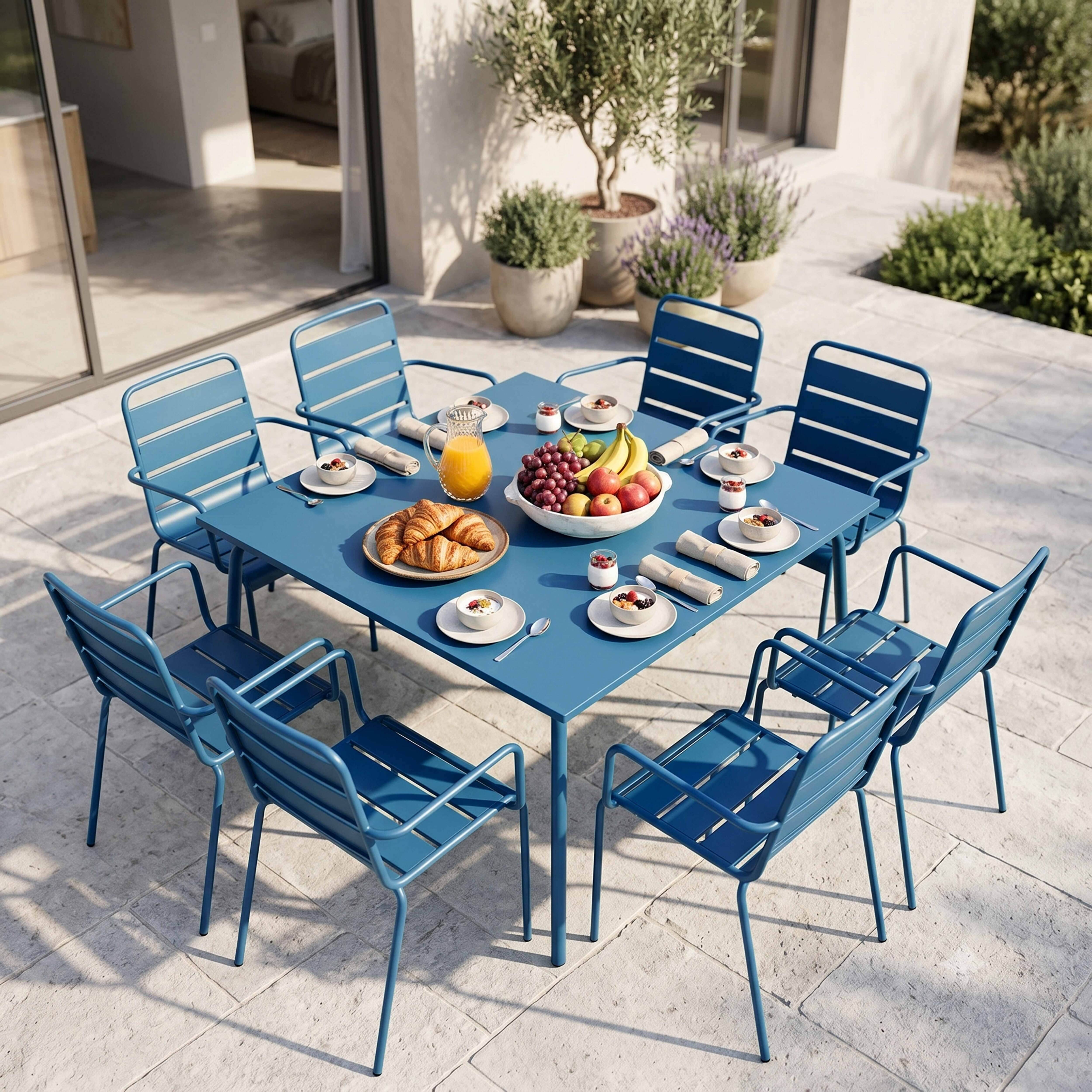 Oviala - Ensemble table de jardin carrée et 8 fauteuils en métal bleu pacific Palavas - Oviala - Imagen 2