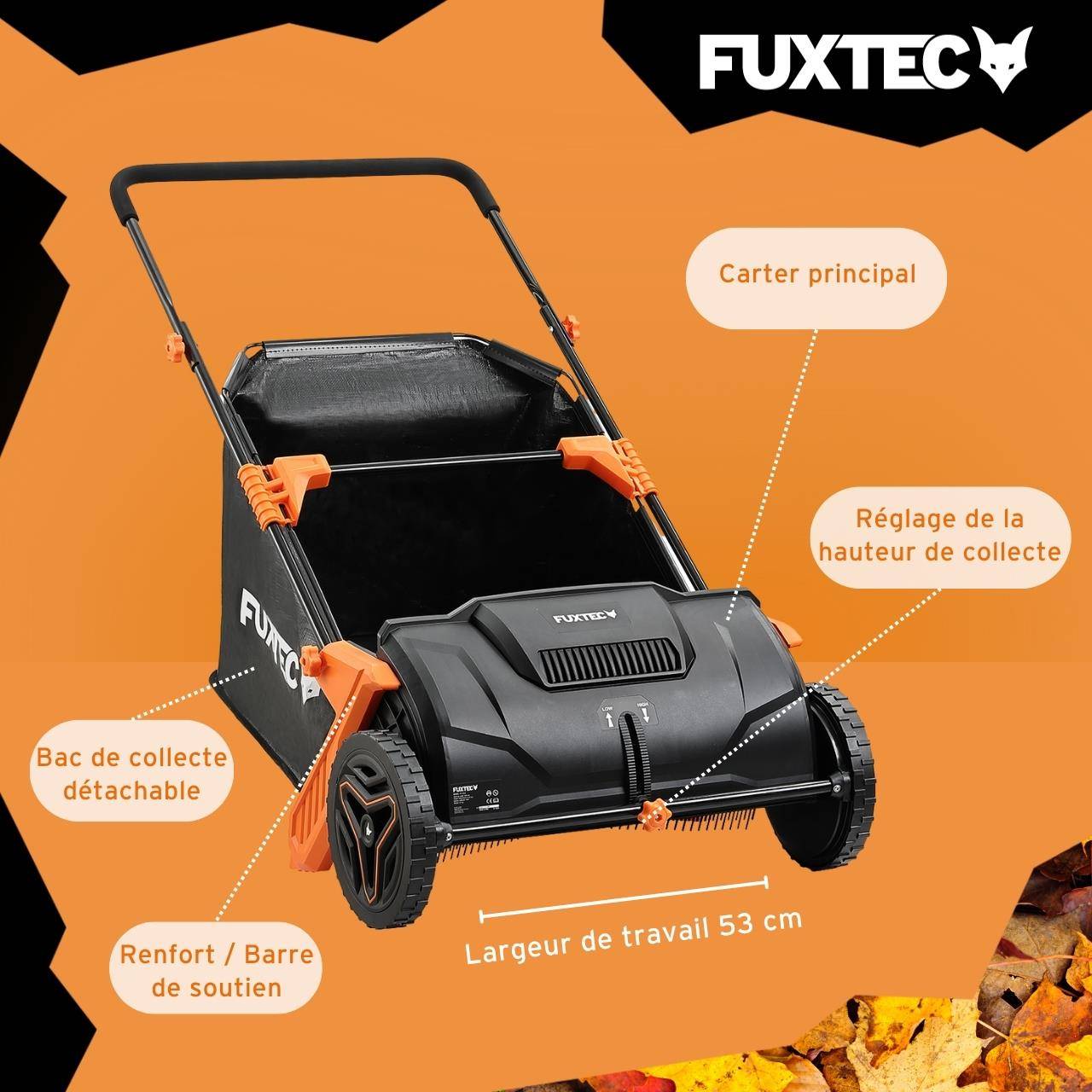 FUXTEC - Ramasseur de feuilles FUXTEC FX-LS52 manuel, bac 100 L, largeur 53 cm, 6,5 kg, poignées réglables, 2 roues - Image 6