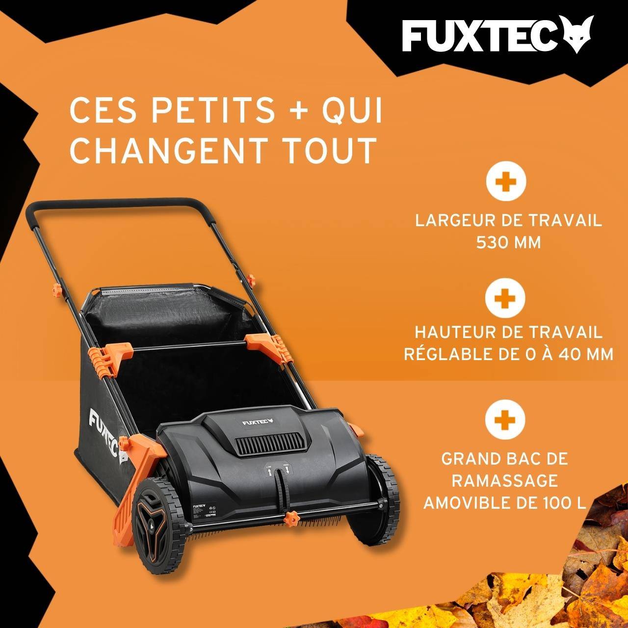 FUXTEC - Ramasseur de feuilles FUXTEC FX-LS52 manuel, bac 100 L, largeur 53 cm, 6,5 kg, poignées réglables, 2 roues - Image 4