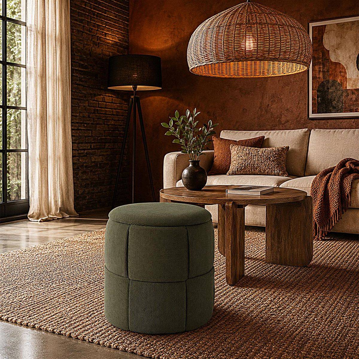 The Home Deco Factory - Pouf Coffre Tressé Côtelé "Jules" 38cm Vert - Image 4