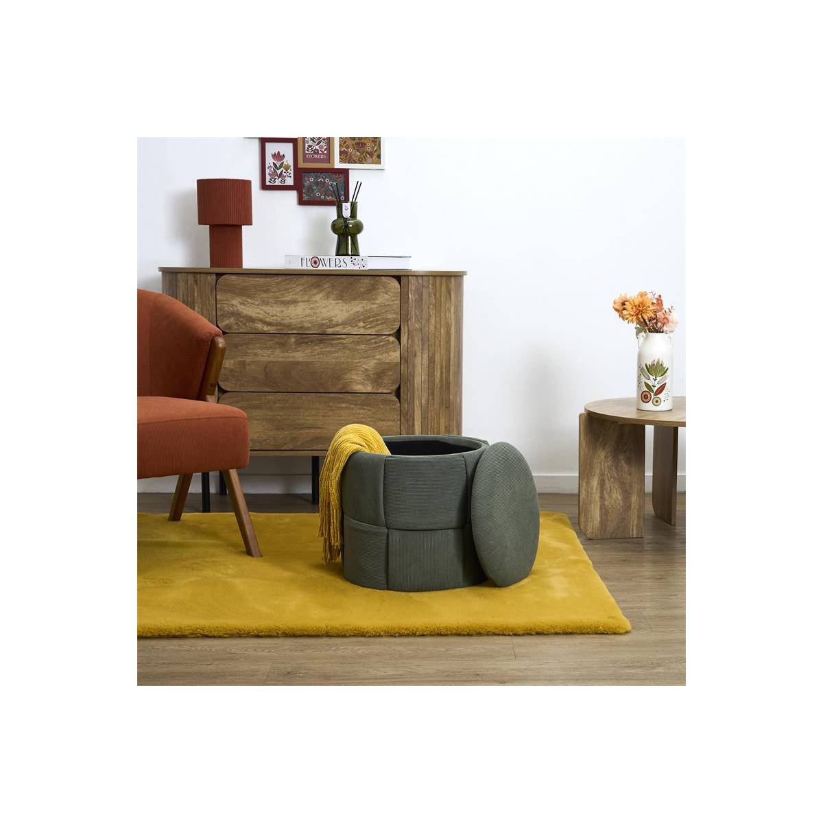 The Home Deco Factory - Pouf Coffre Tressé Côtelé "Jules" 38cm Vert - Image 6