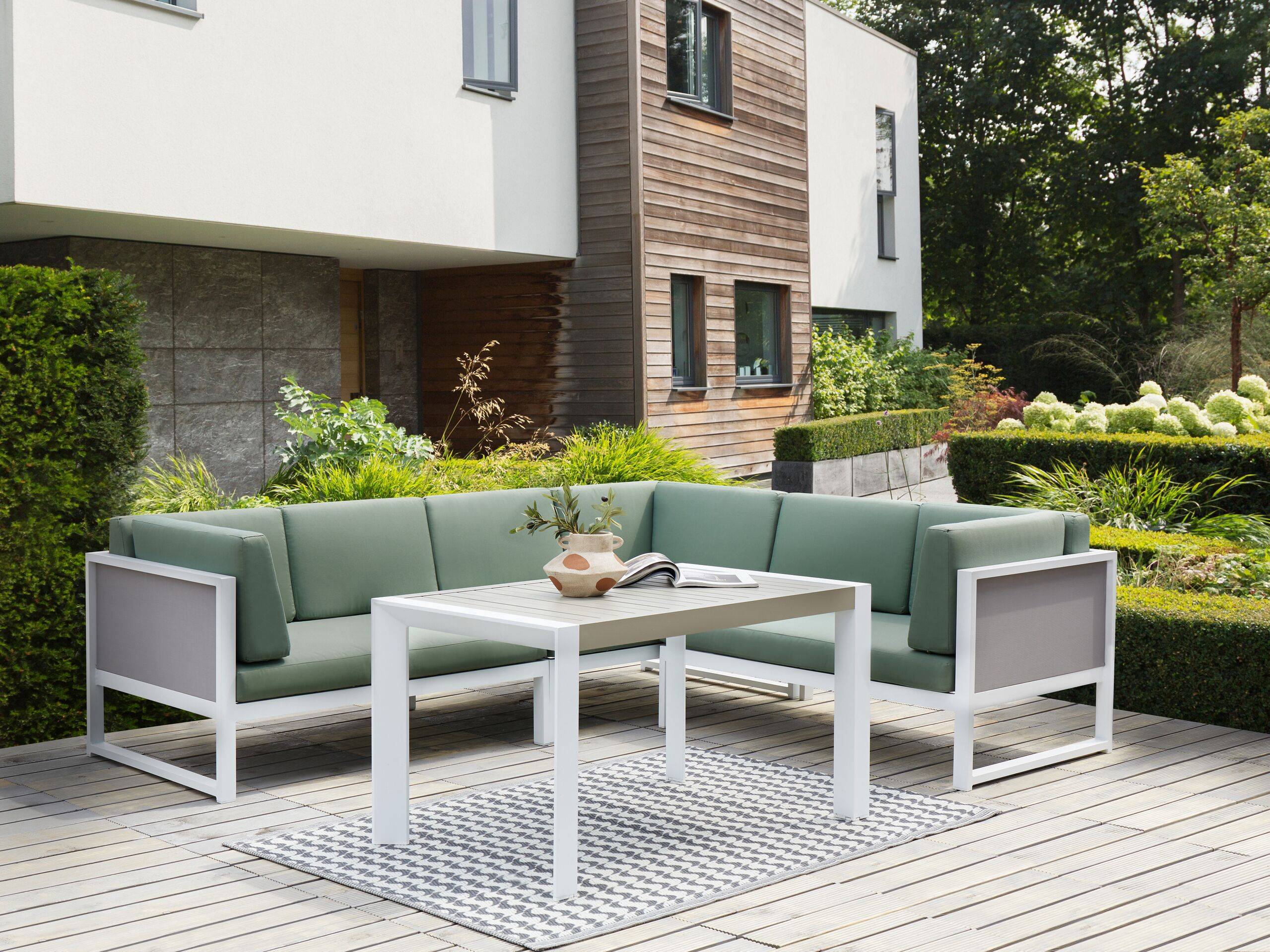 Beliani - Salon de Jardin en Aluminium Blanc Canapé d'Angle avec Coussins Verts et Table Basse Mobilier Extérieur - Imagen 2