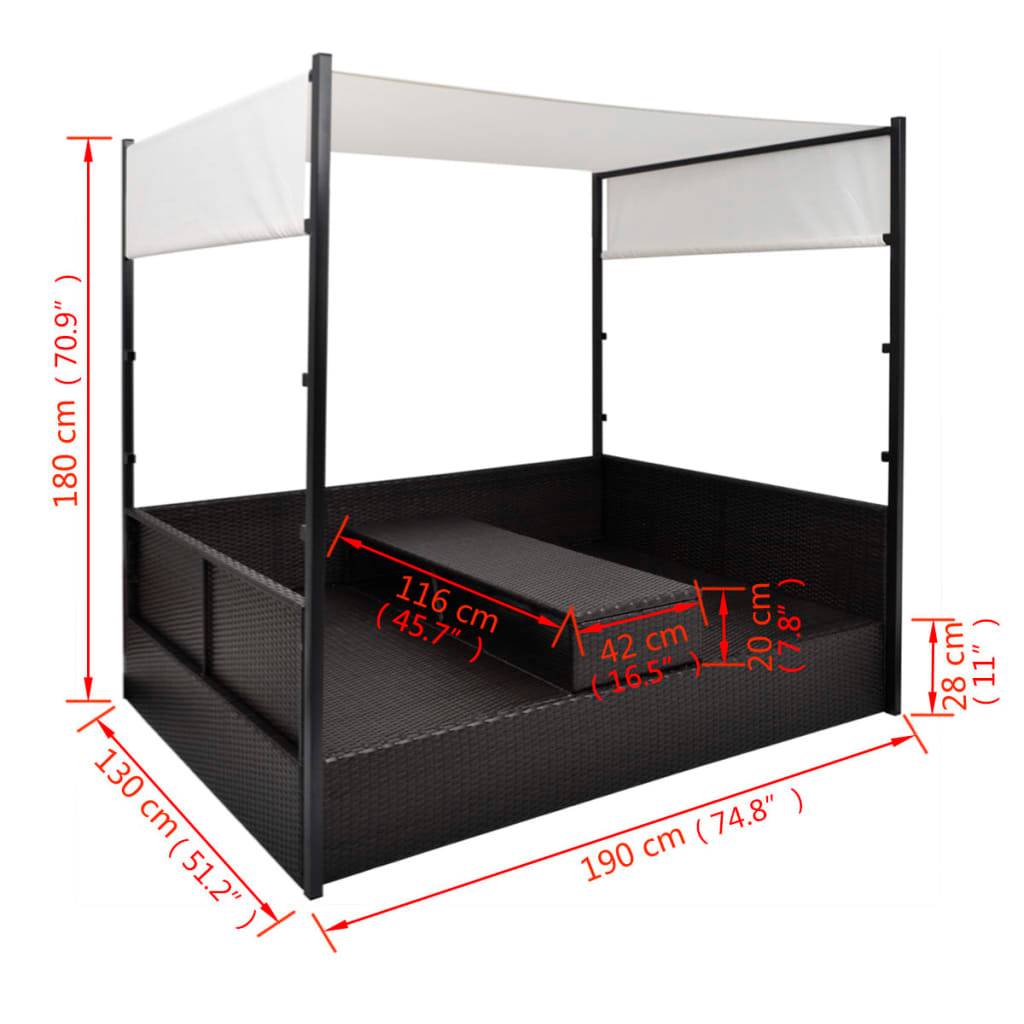 Vidaxl - Lit de jardin avec auvent Noir 190x130 cm Résine tressée vidaXL 42901 - Imagen 3
