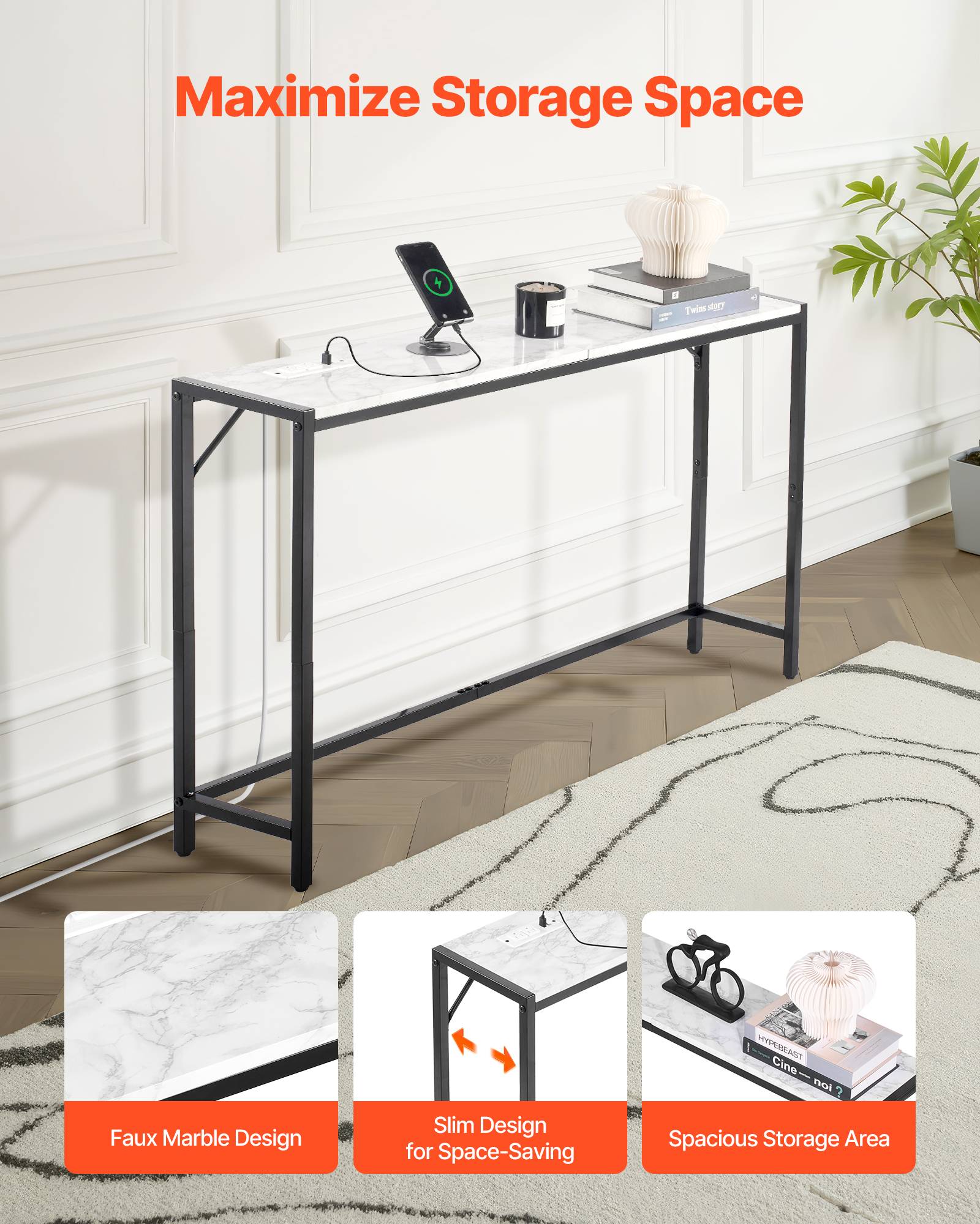 VEVOR Table console marbre, étroite, prise courant, triangulaire, salon. - Image 5