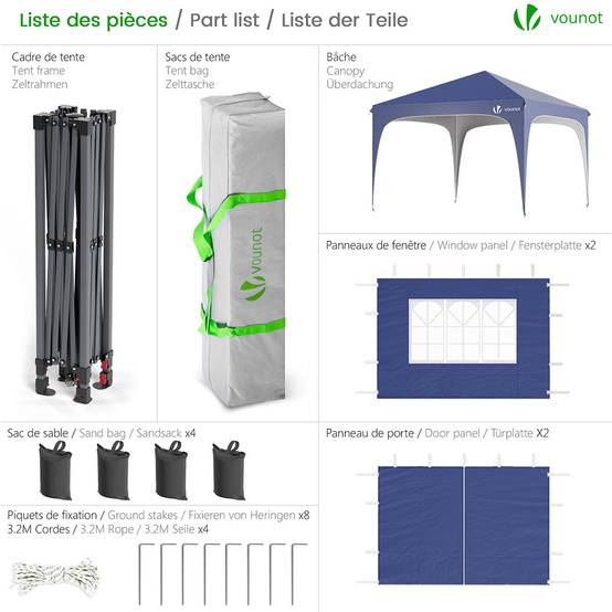 Vounot - VOUNOT® Tonnelle de jardin arquée 3x3m pliable avec porte et fenêtre amovible - Hauteur réglable - Imperméable et anti-UV - Bleu - Image 2