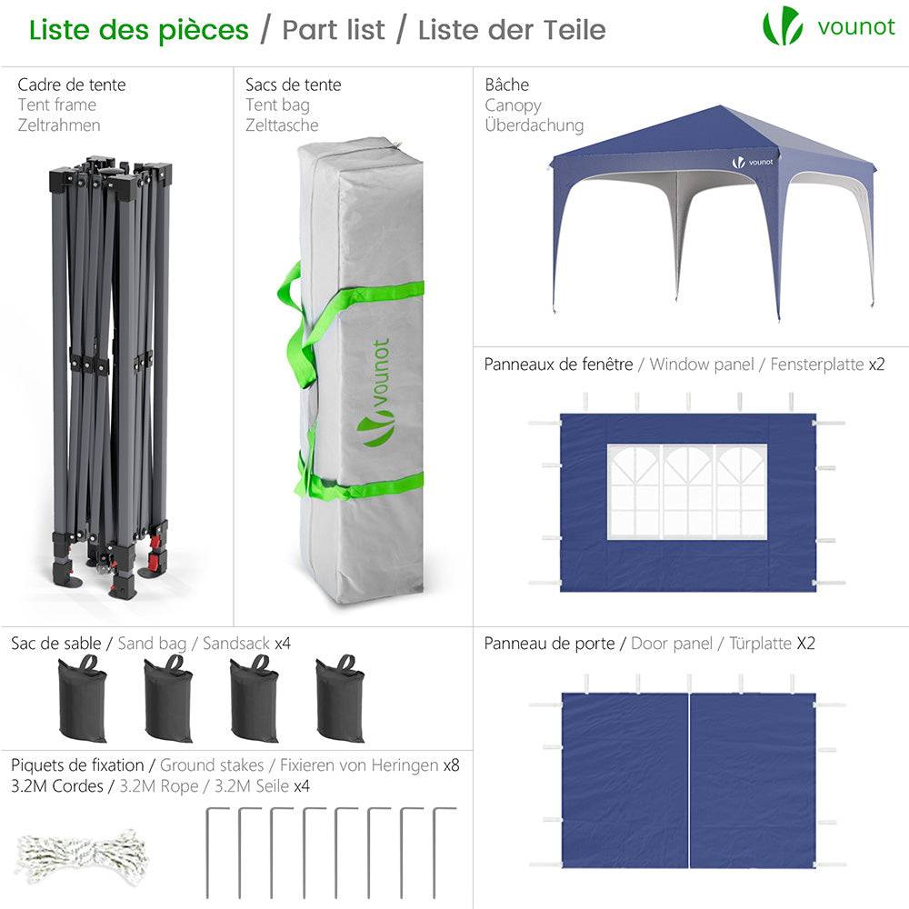 Vounot - VOUNOT® Tonnelle de jardin arquée 3x3m pliable avec porte et fenêtre amovible - Hauteur réglable - Imperméable et anti-UV - Bleu - Image 2