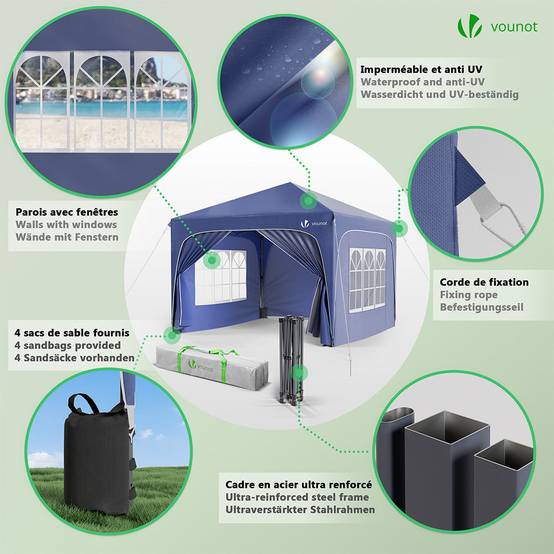 Vounot - VOUNOT® Tonnelle de jardin arquée 3x3m pliable avec porte et fenêtre amovible - Hauteur réglable - Imperméable et anti-UV - Bleu - Image 5