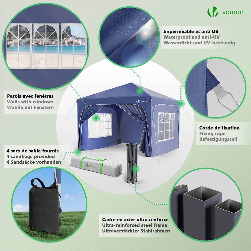 Vounot - VOUNOT® Tonnelle de jardin arquée 3x3m pliable avec porte et fenêtre amovible - Hauteur réglable - Imperméable et anti-UV - Bleu - Image 5