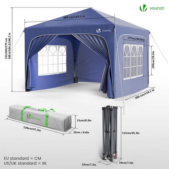 Vounot - VOUNOT® Tonnelle de jardin arquée 3x3m pliable avec porte et fenêtre amovible - Hauteur réglable - Imperméable et anti-UV - Bleu - Image 7