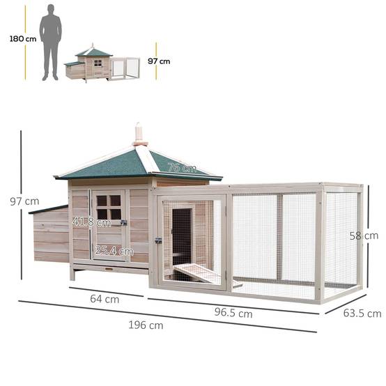 Poulailler Bois Pin Enclos et Pondoir Toit Bitumé Jardin 196x76x97cm - ComfortXL Pet Living - Image 3