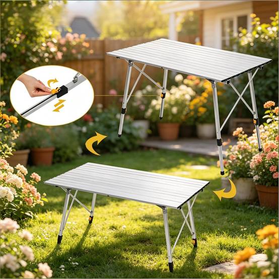 Table de camping pliante aluminium jardin extérieur hauteur réglable 120x68cm argent - ComfortXL Outdoor Living - Image 5