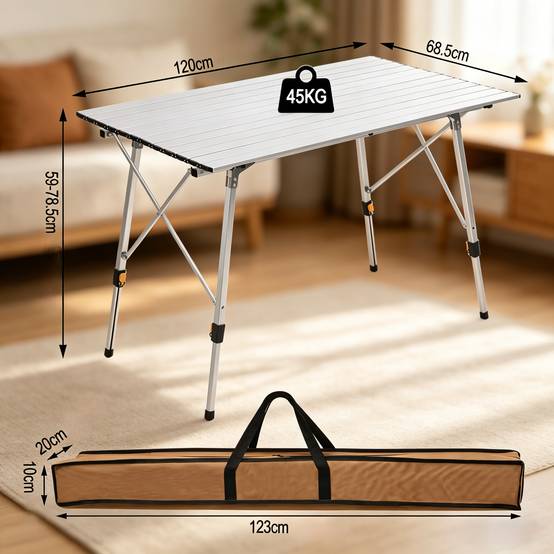 Table de camping pliante aluminium jardin extérieur hauteur réglable 120x68cm argent - ComfortXL Outdoor Living - Image 4