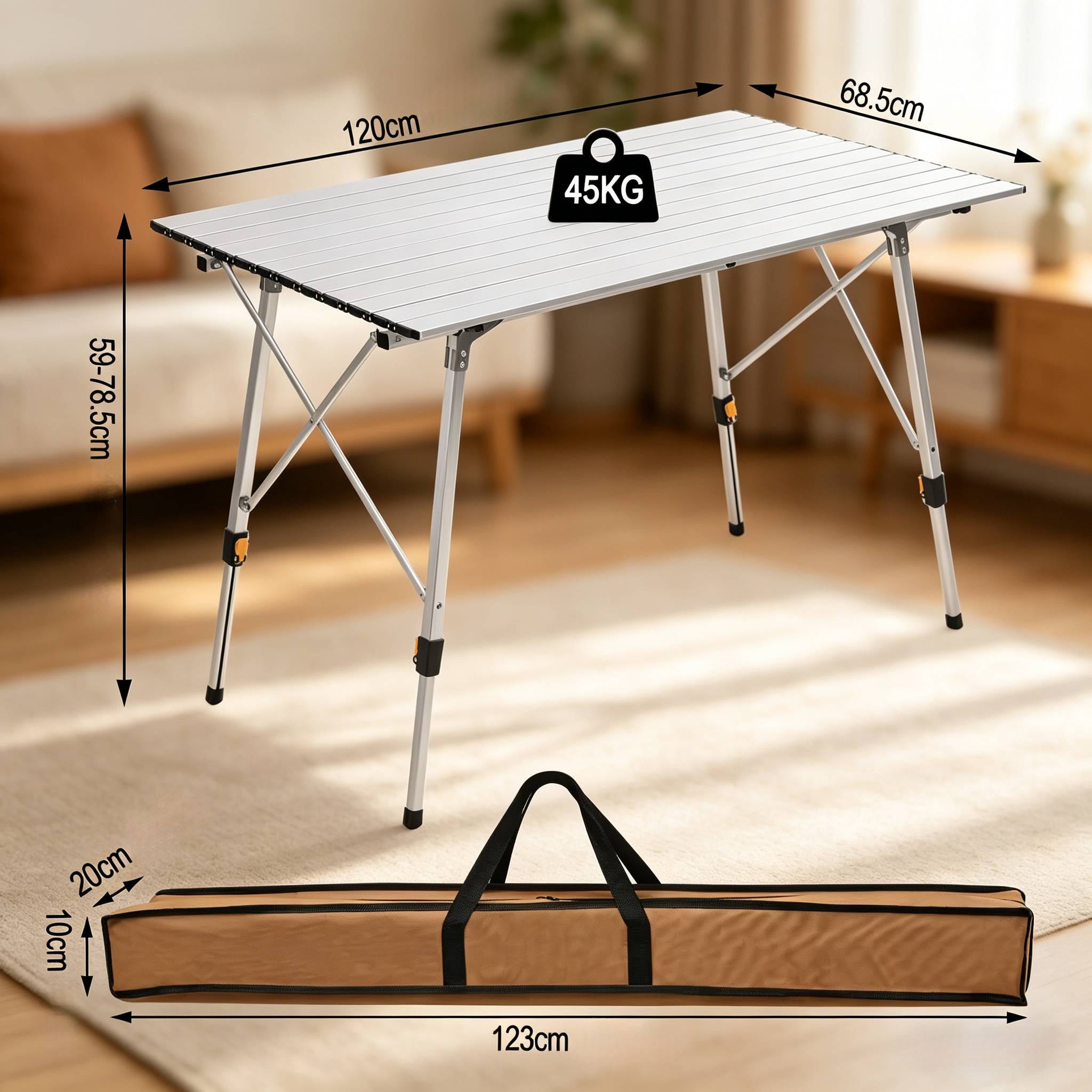 Table de camping pliante aluminium jardin extérieur hauteur réglable 120x68cm argent - ComfortXL Outdoor Living - Image 4