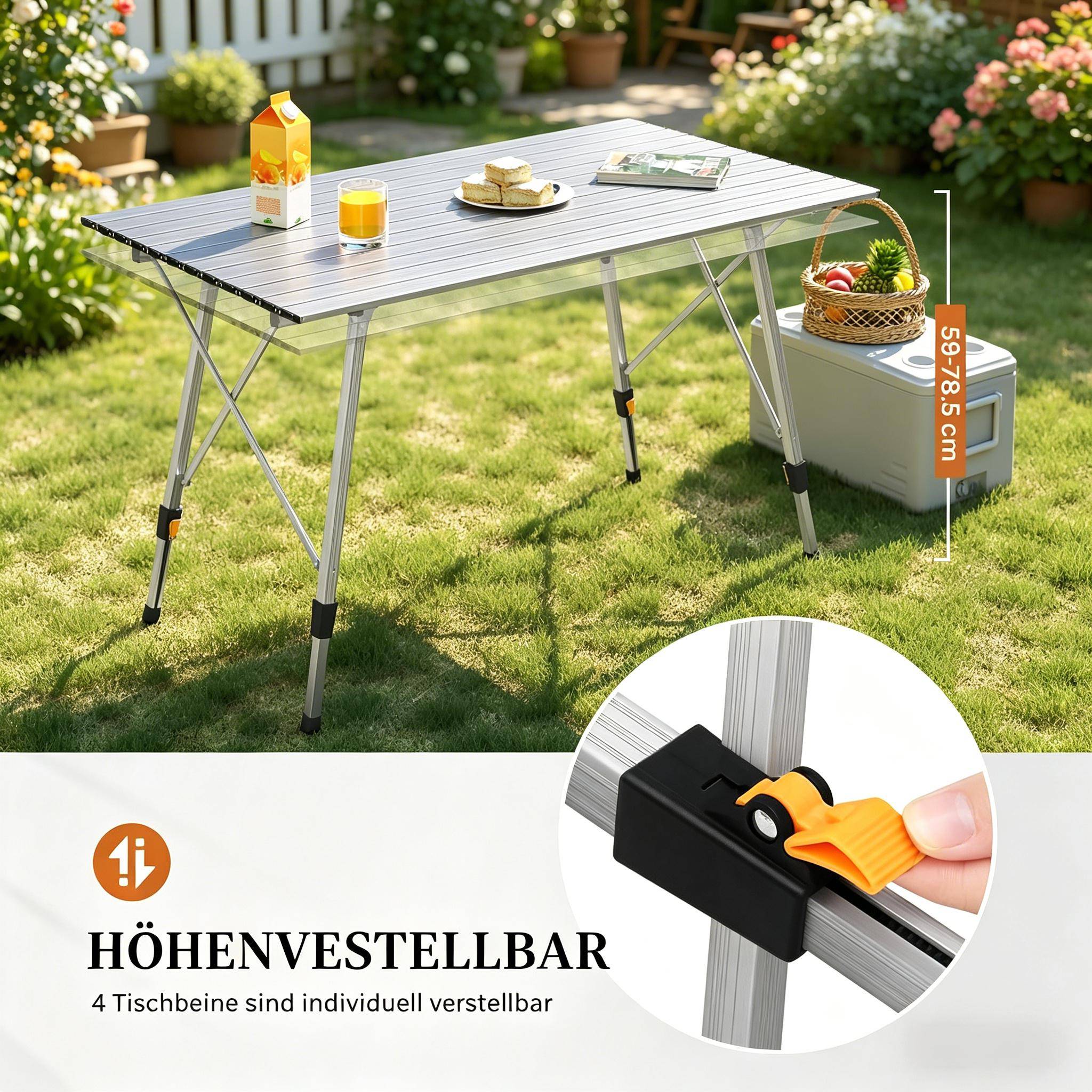 Table de camping pliante aluminium jardin extérieur hauteur réglable 120x68cm argent - ComfortXL Outdoor Living - Image 7