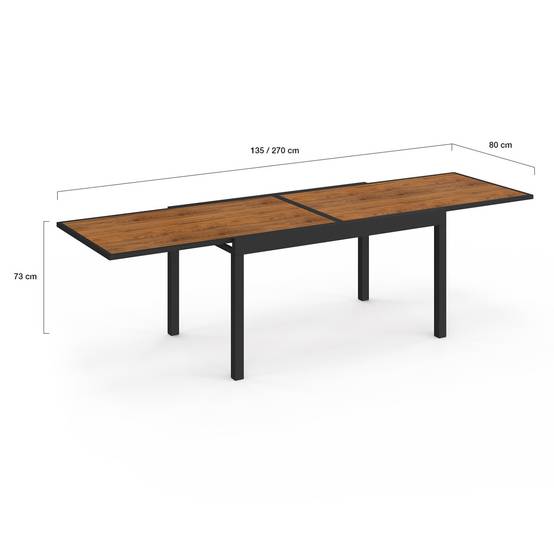 Salon de jardin NOUMEA table extensible 135/270 CM plateau verre trempé effet bois et 12 chaises empilables noir et bois - Image 6