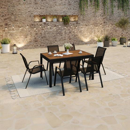 Salon de jardin NOUMEA table extensible 135/270 CM plateau verre trempé effet bois et 12 chaises empilables noir et bois - Image 4