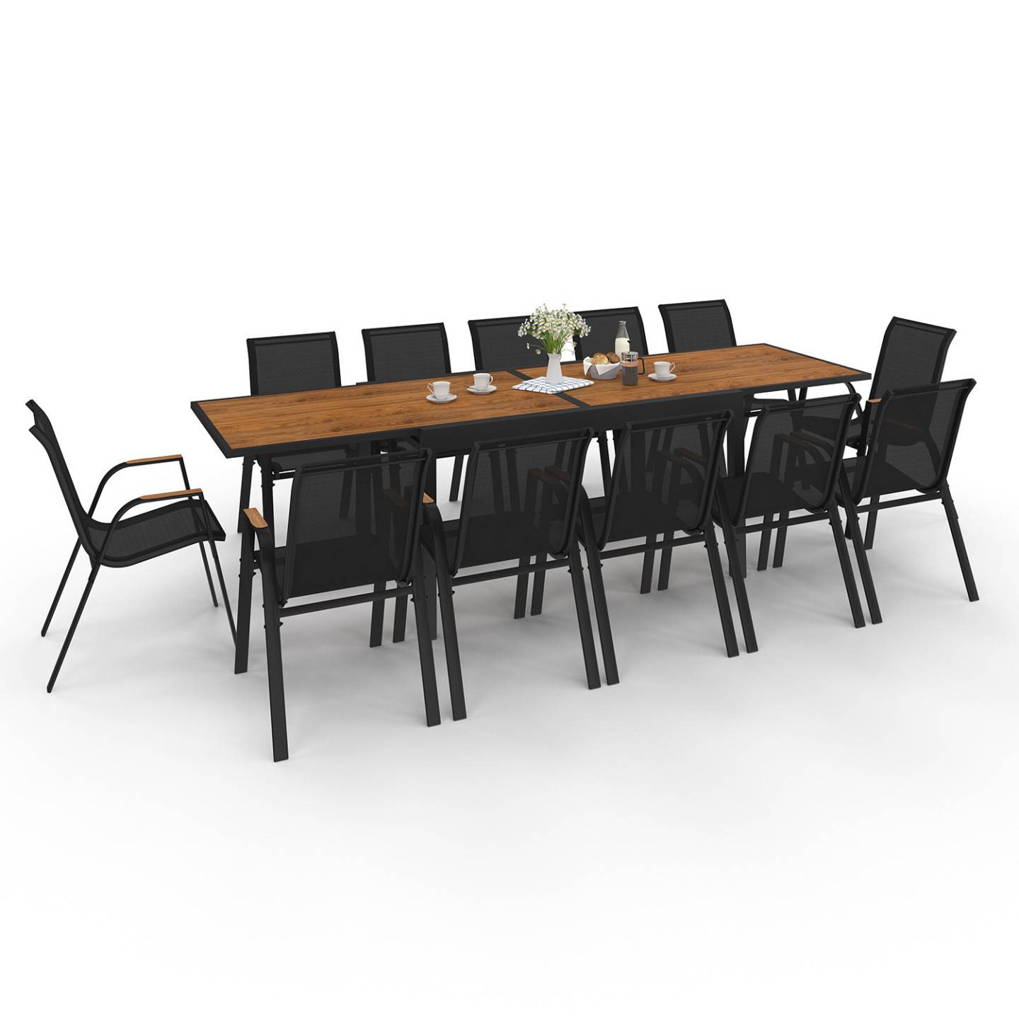 Salon de jardin NOUMEA table extensible 135/270 CM plateau verre trempé effet bois et 12 chaises empilables noir et bois - Image 2