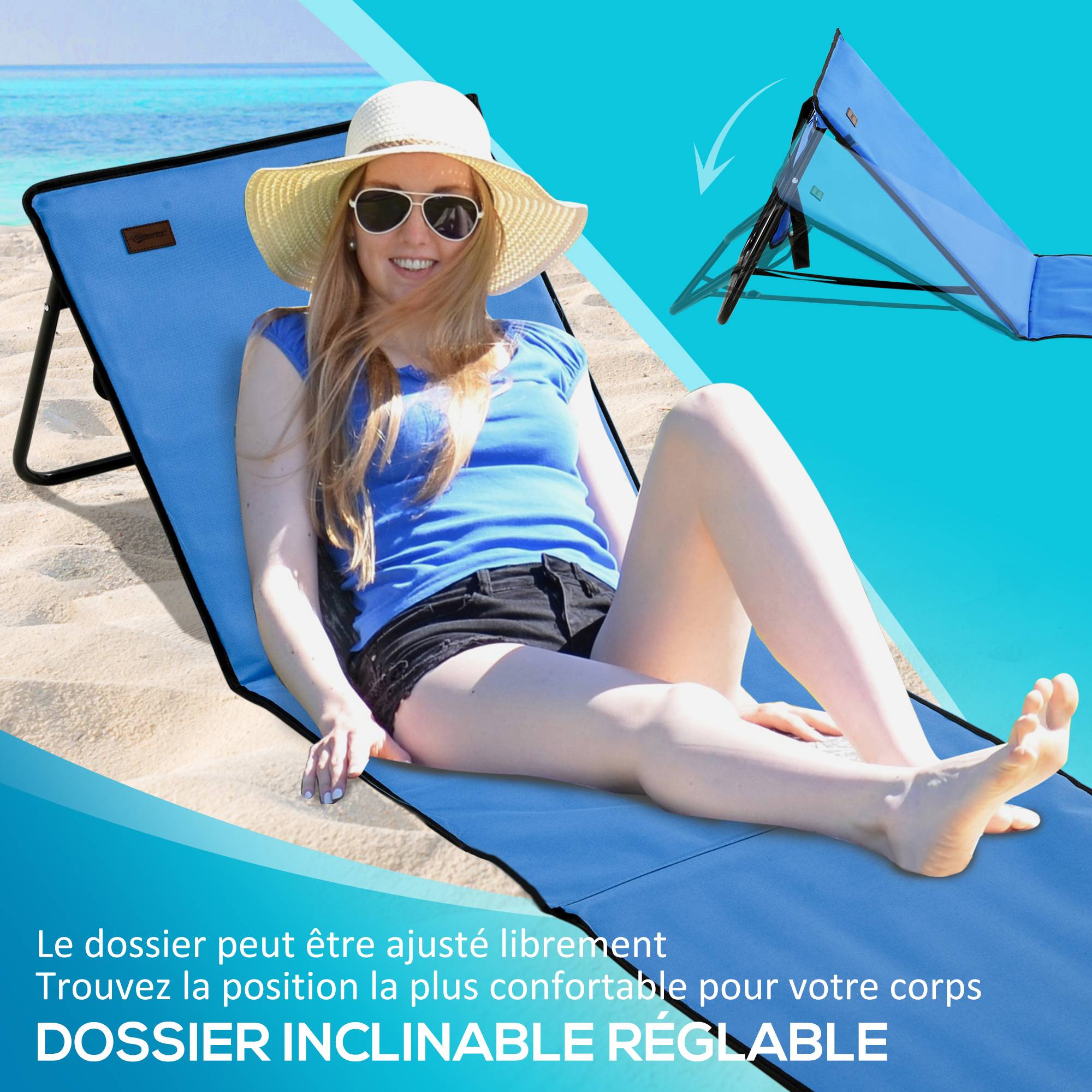 Outsunny - Lot de 2 tapis de plage rembourrés - nattes de plage - dossier inclinable multi-positions - sac transport inclus - métal polyester PVC bleu - Outsunny - Imagen 5