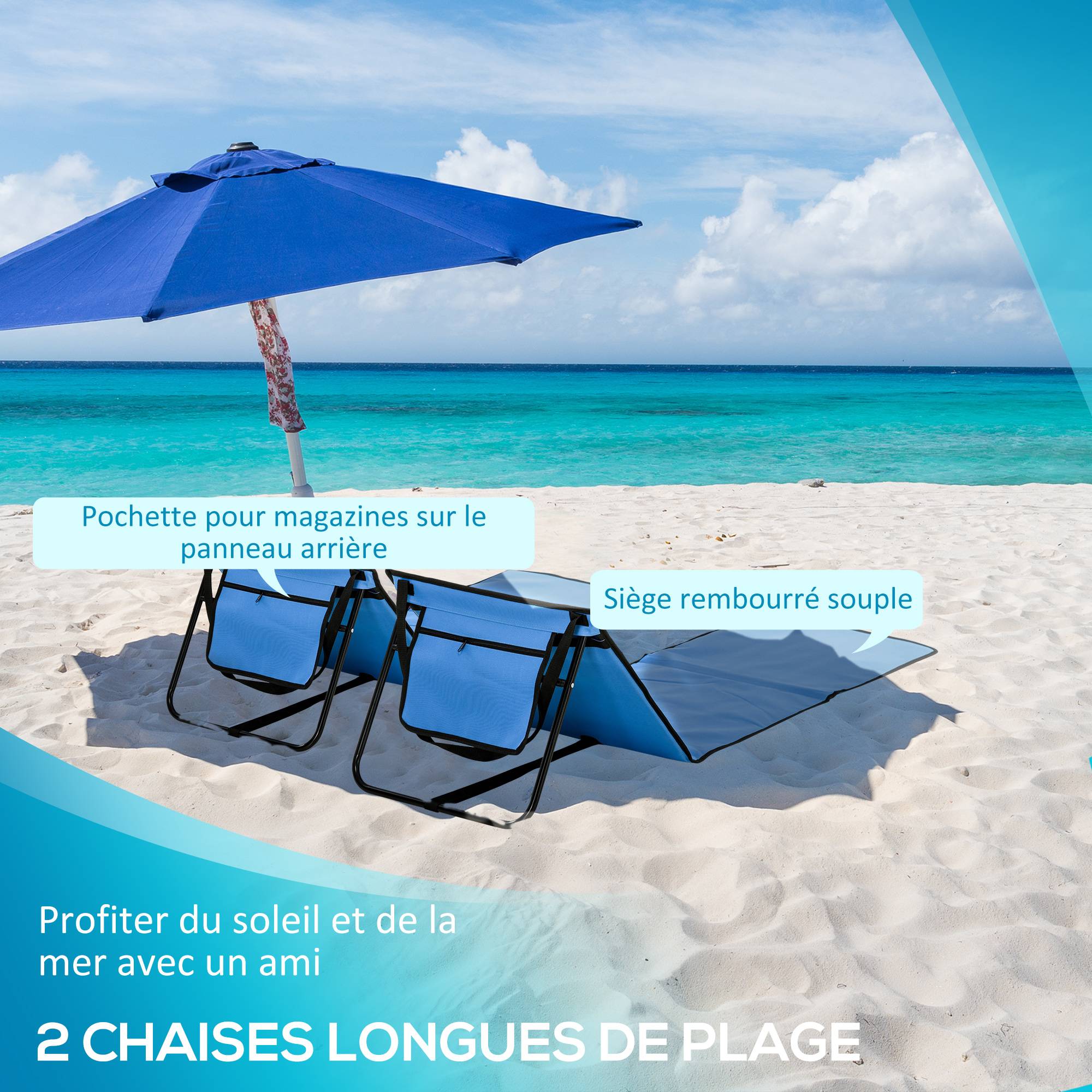 Outsunny - Lot de 2 tapis de plage rembourrés - nattes de plage - dossier inclinable multi-positions - sac transport inclus - métal polyester PVC bleu - Outsunny - Imagen 4