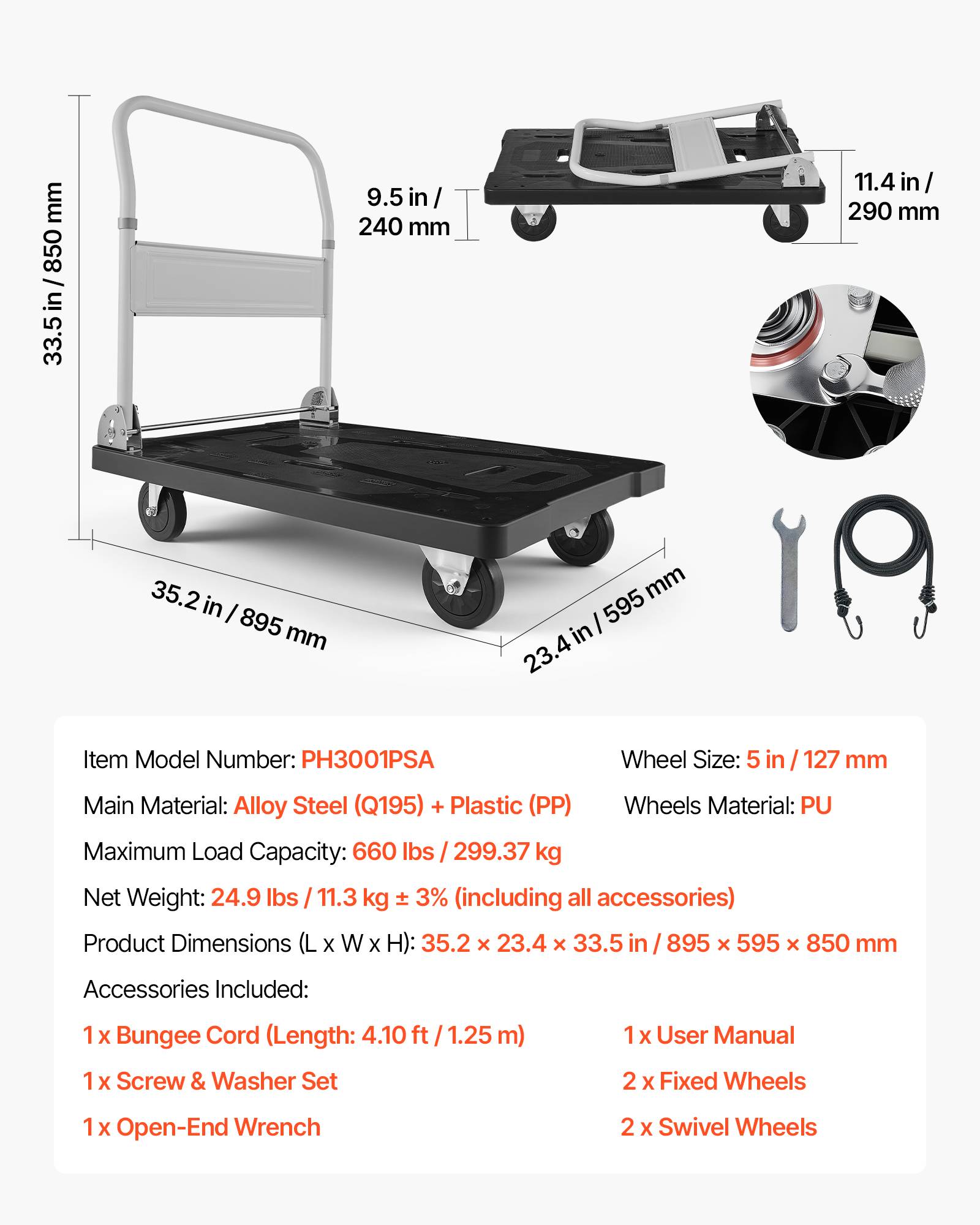 Vevor - VEVOR Chariot à Plateforme Pliable Chariot Plateau 89,5x59,5 cm Charge 299,37 kg - Image 7