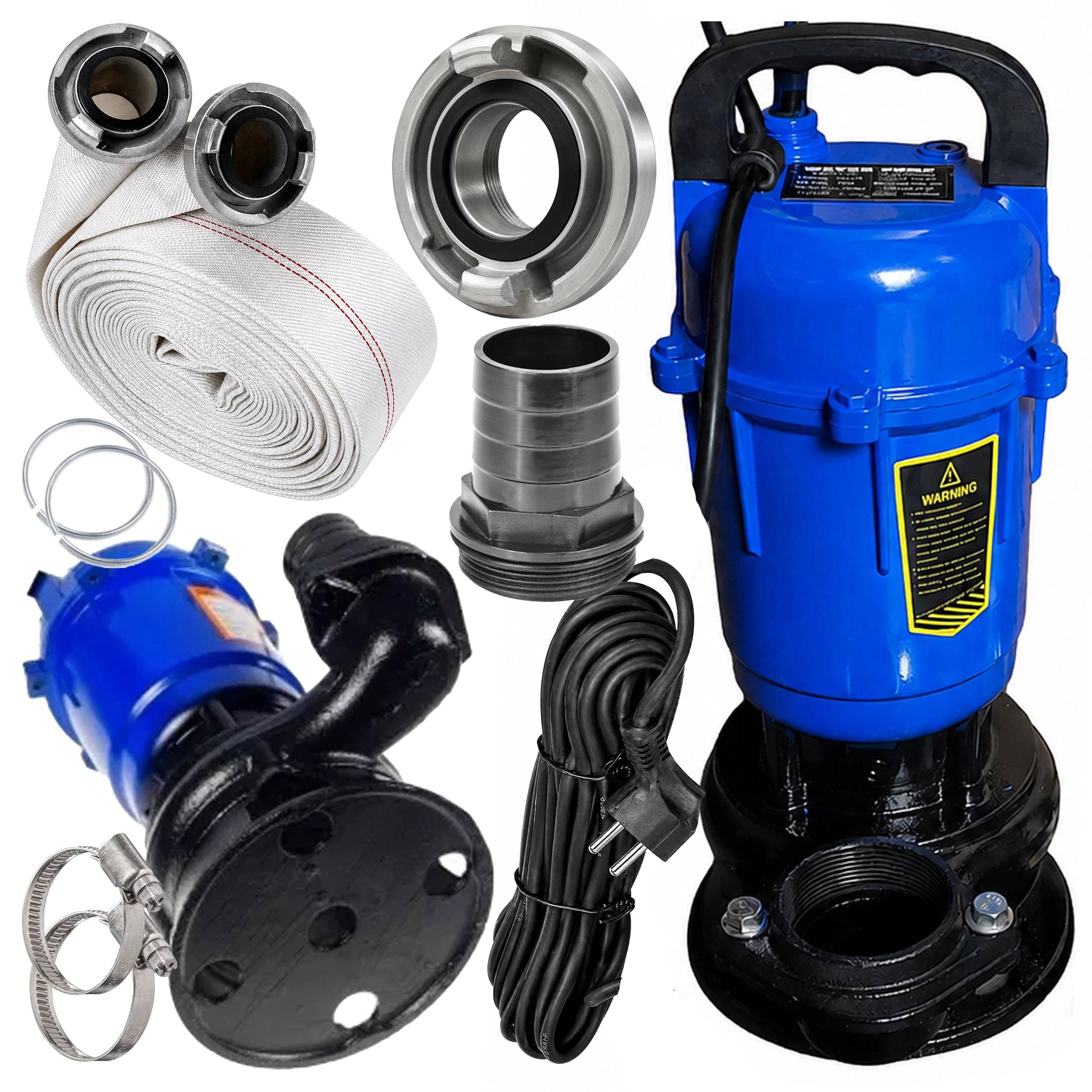 Entrepotbrico - Pompe vide-cave avec broyeur 750 W, débit 18 000 l/h, tuyau d’incendie 2 pouces de 30 m inclus - Image 1