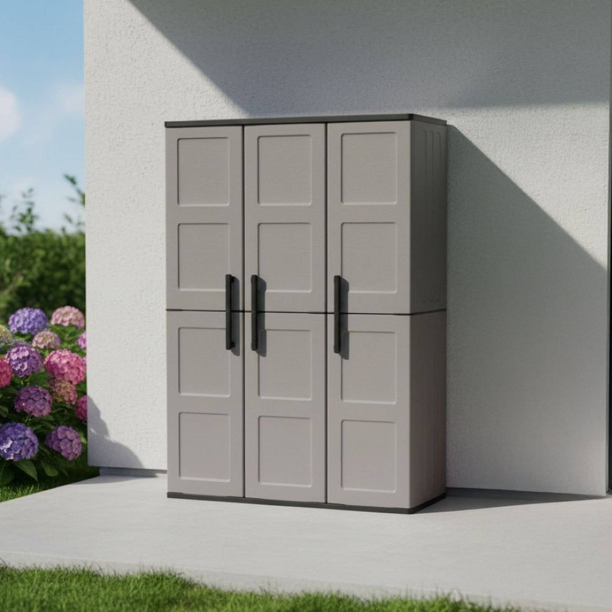 Dmora - Armoire d'extérieur Bilzen, Mobilier d'extérieur, Armoire de balcon polyvalente, Gris et Noir, Finition à carreaux, 102x37h163 cm - Dmora - Imagen 2