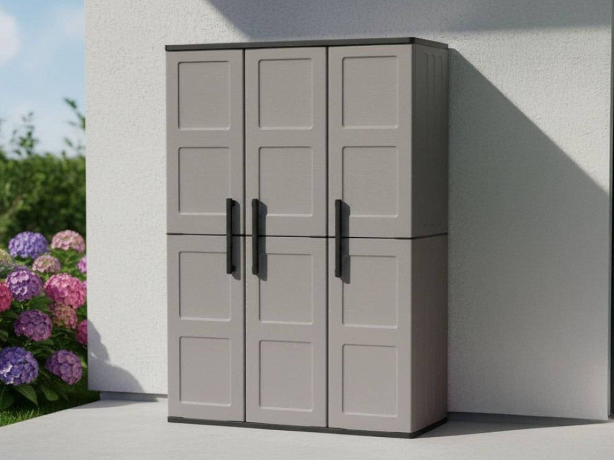 Dmora - Armoire d'extérieur Bilzen, Mobilier d'extérieur, Armoire de balcon polyvalente, Gris et Noir, Finition à carreaux, 102x37h163 cm - Dmora - Imagen 4