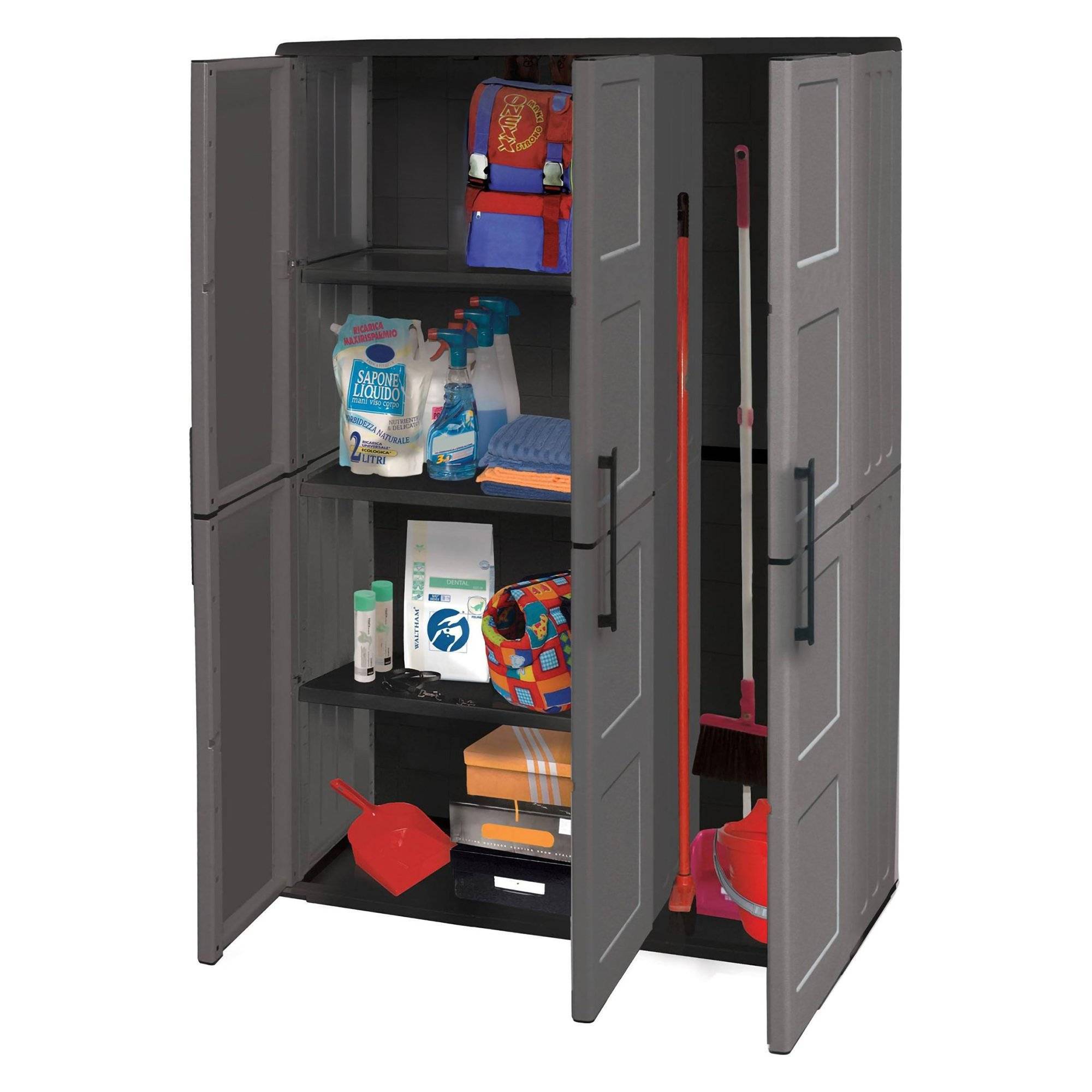 Dmora - Armoire d'extérieur Bilzen, Mobilier d'extérieur, Armoire de balcon polyvalente, Gris et Noir, Finition à carreaux, 102x37h163 cm - Dmora - Imagen 1